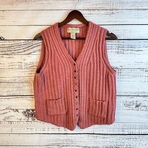 Vintage Pink Sweater Vest L Tiny Button Cable Knit Wool‎ Blend Pockets Preppy